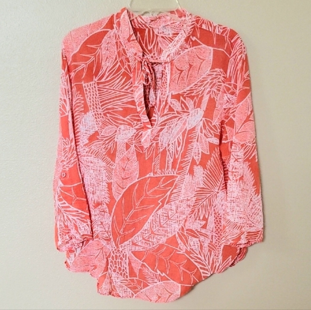Chico's Womens Coral Leaf Boho Printed Tie Neck Blouse